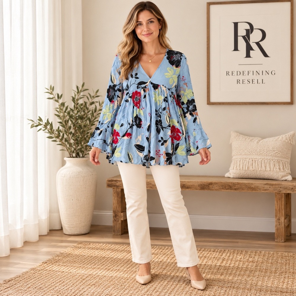 Free People Blue Floral V-Neck Babydoll Tunic Top Bell Sleeve XS